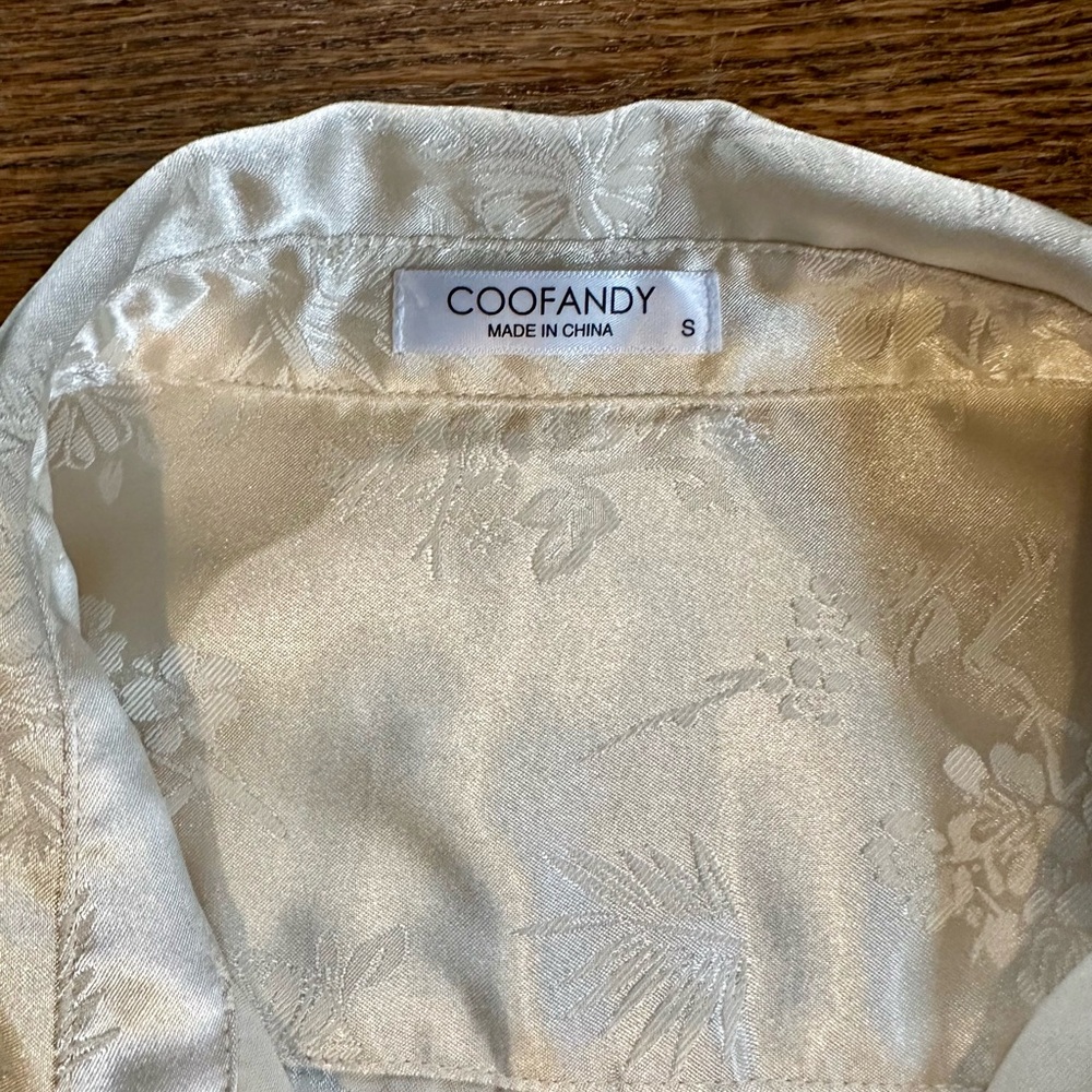 Satin Shirt Floral Button Down Men’s Small Cream Jacquard Wedding Party COOFANDY - Picture 3 of 8